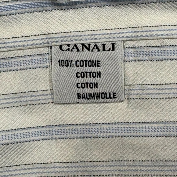 Canali Striped Dress Shirt Mens 17 White Blue Stripe Cotton Spread Collar Italy - Picture 9 of 11